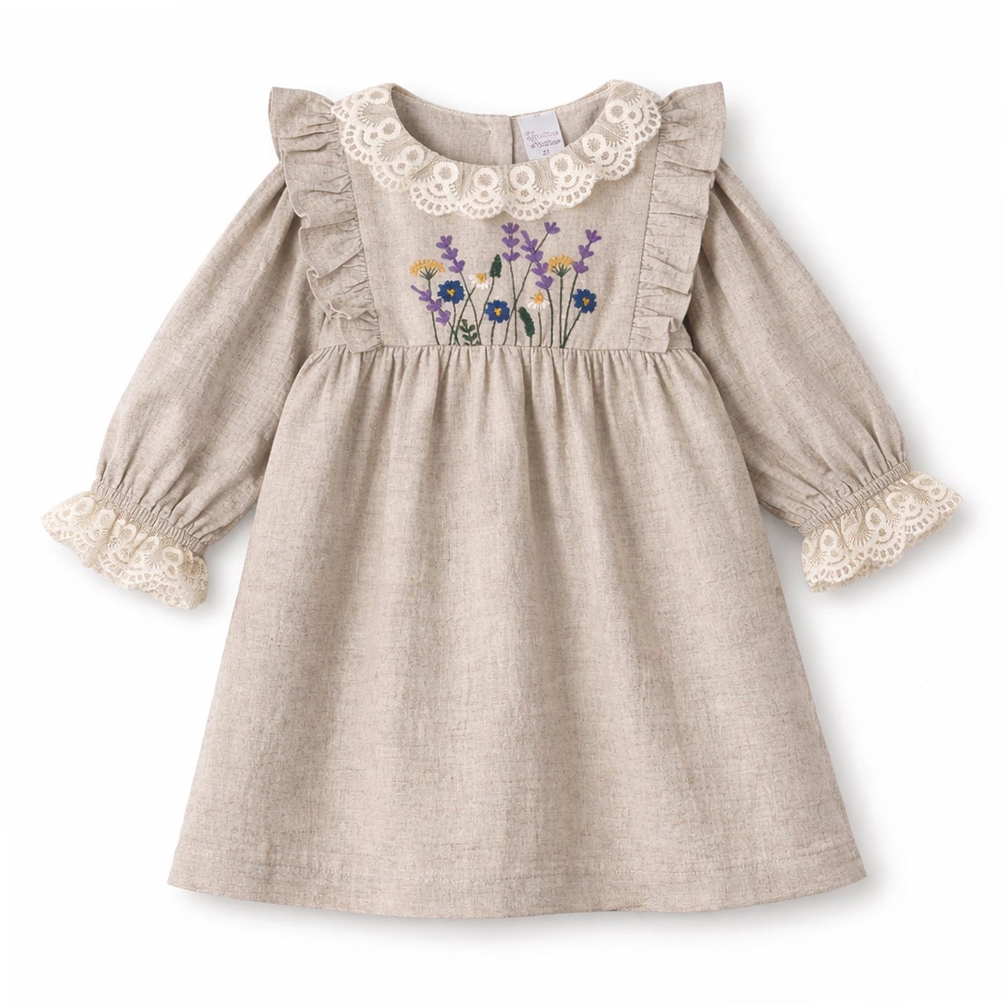 Embroidered Wildflower Linen Dress With Lace Trim