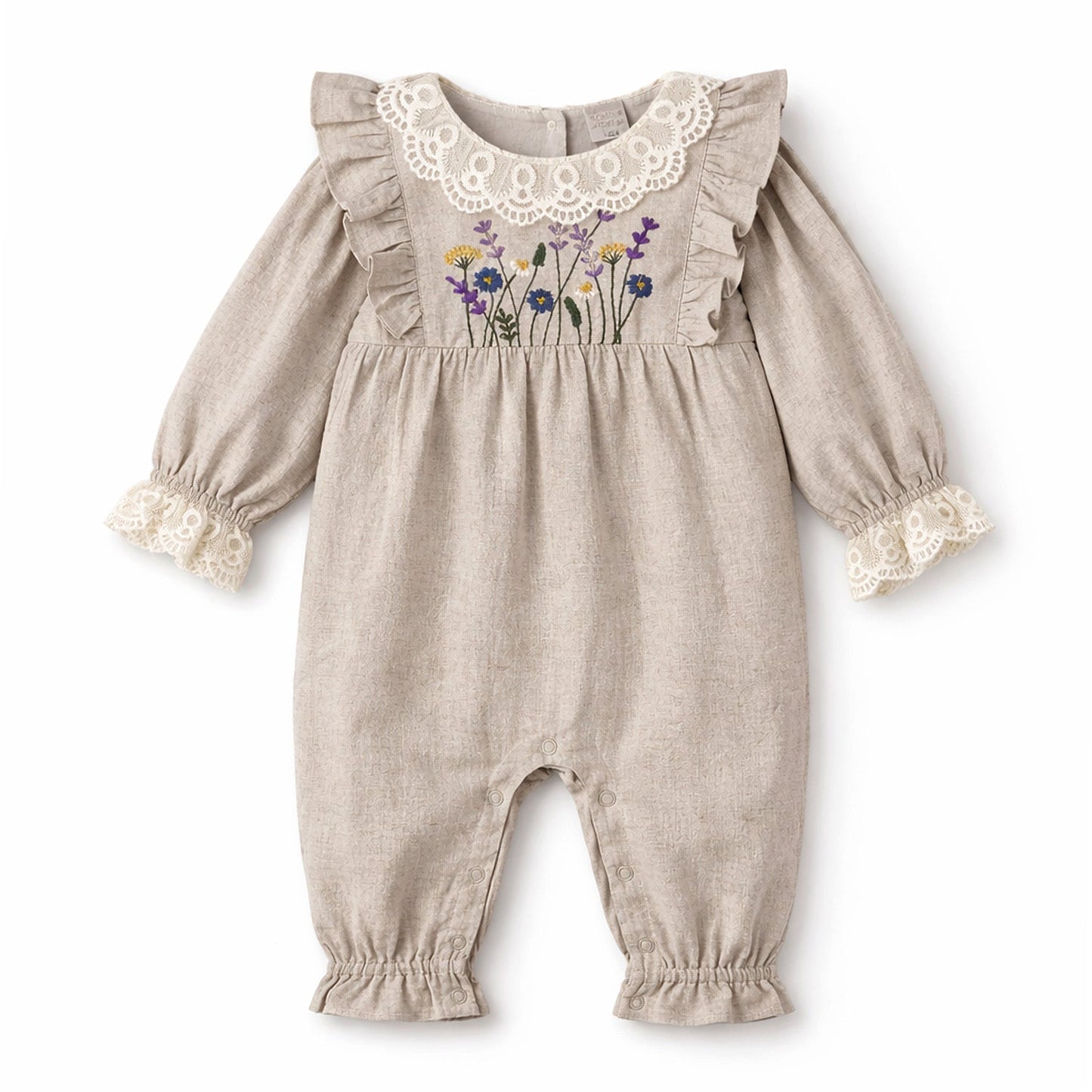 Embroidered Wildflower Linen Baby Romper With Lace Trim