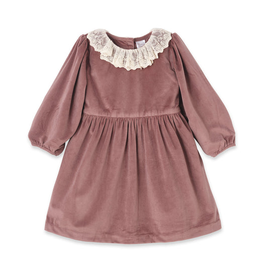 Mauve Velvet Girl's Dress – Lace Collar Special Occasion