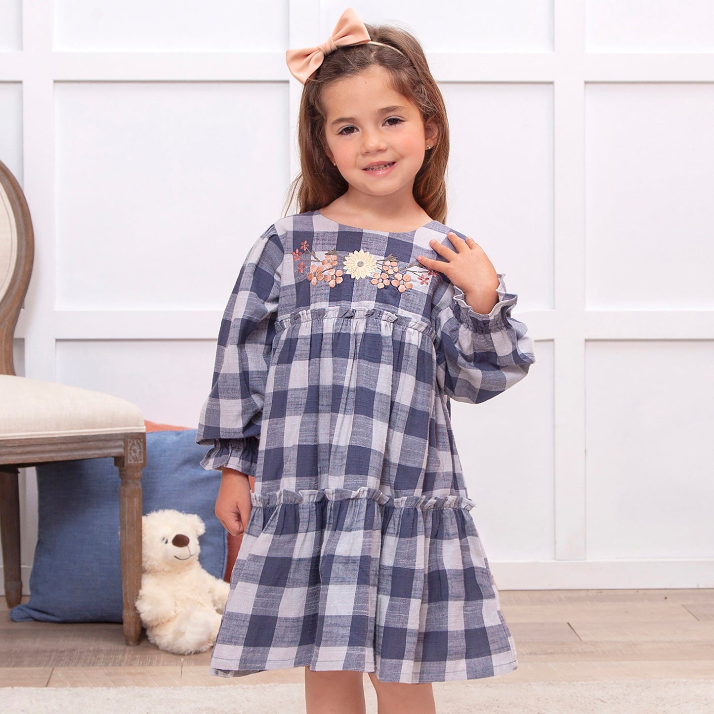 Buffalo Check Girls Cotton Dress with Floral Embroidery & Ruffles