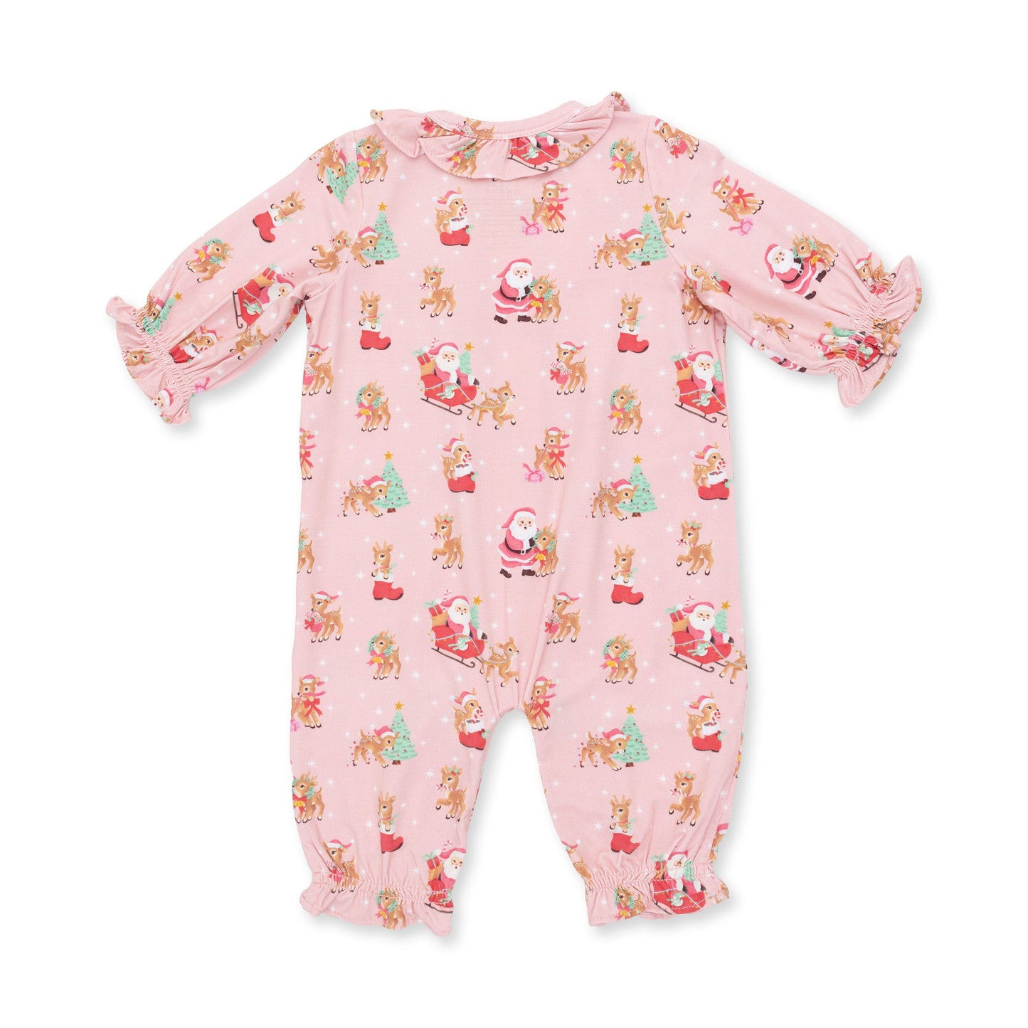 Vintage Reindeer & Santa Pink - Long Sleeve Ruffle Collar Romper