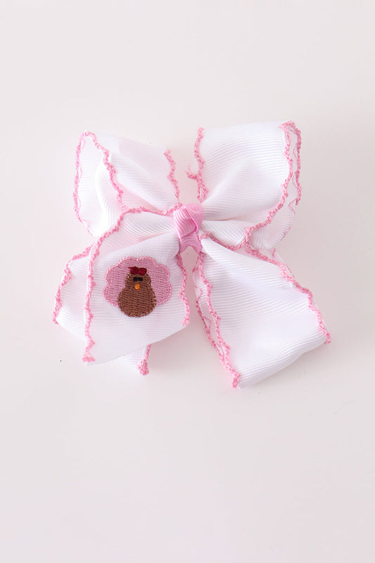 Pink turkey embroidery crochet edge hair bow