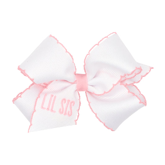 "LIL SIS" Grosgrain Hair Bow with Moonstitch Edge and Embroidery