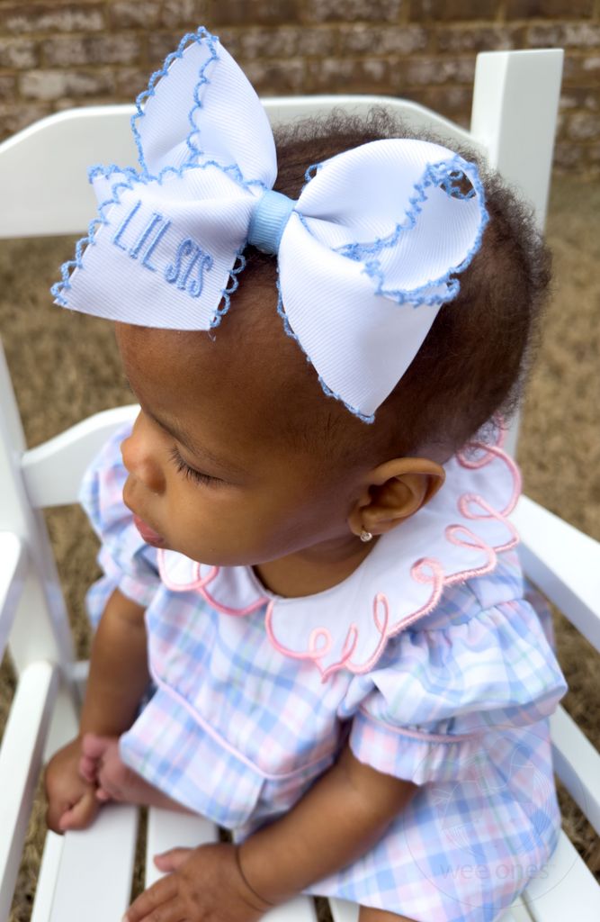 "LIL SIS" Grosgrain Hair Bow with Moonstitch Edge and Embroidery