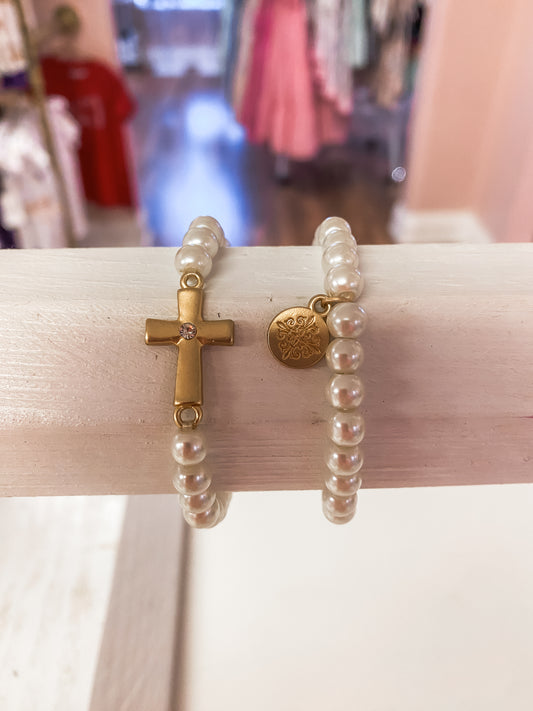 Kids’ Pearl Bead Bracelet with Gold Cross