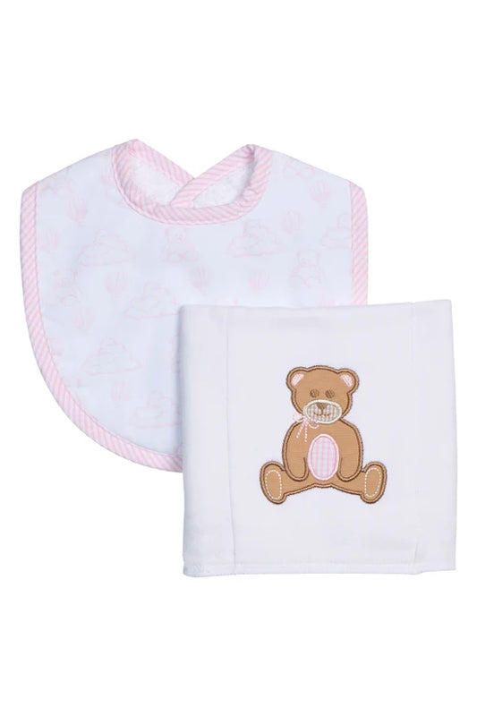 Baby Girls Pink Teddy Bear Bib & Burp Cloth Gift Set – Applique Boxed Baby Gift | The Prissy Pelican Boutique Bossier City LA