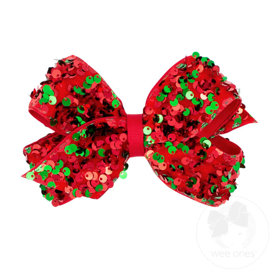 Red and Green Velvet Sequin and Grosgrain Overlay Hair Bow – Wee Ones™ Holiday Collection