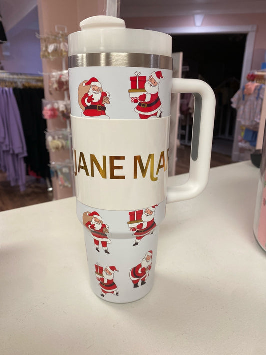 Santa’s Present Parade Holiday Tumbler – 30oz Stainless Steel Cup With Straw & Handle