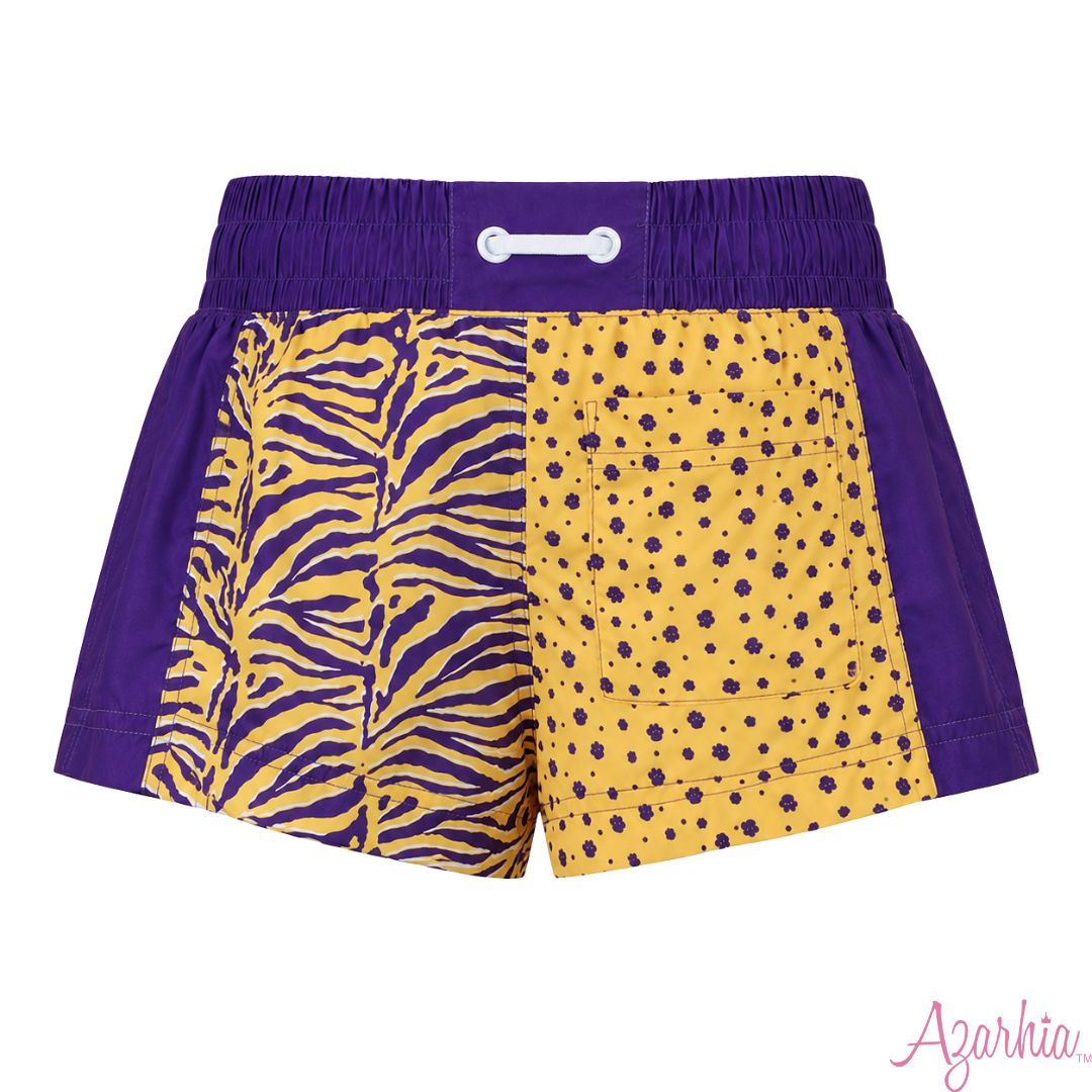 Azarhia Tigers Paws & Stripes Color Block Girls Shorts | Purple & Gold Game Day Athletic Shorts