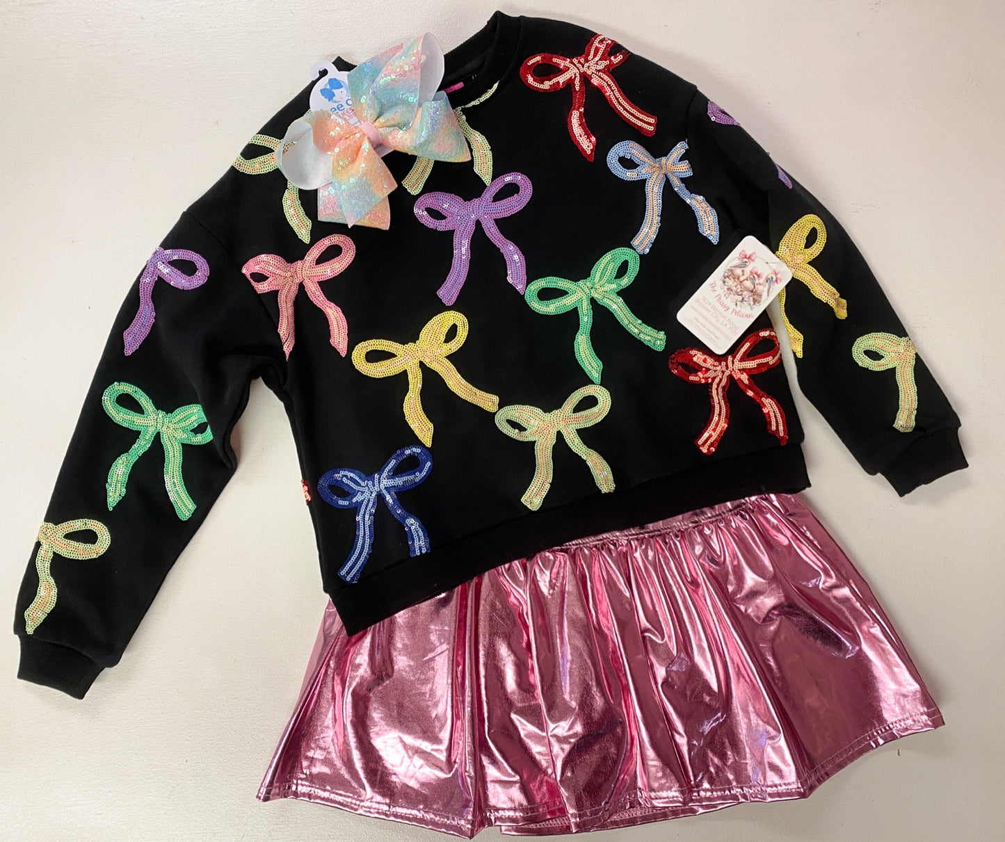 Queen of Sparkles Black Multi Bow Sweatshirt | Sequin Rainbow Bow Top | Kids