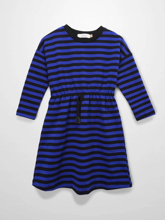 Striped Drawstring Dress - Blue & Black