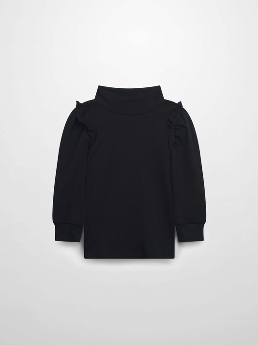 Ruffle Puff Sleeve Mock Neck Shirt - Black