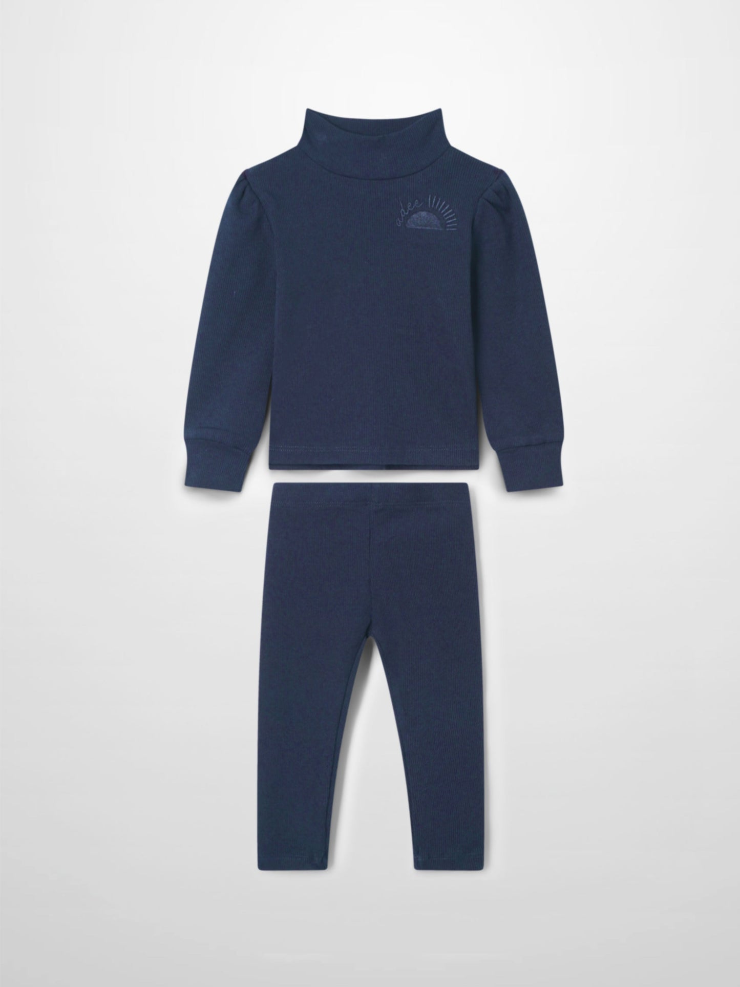 Ribbed Legging Set Puff Sleeves - Navy