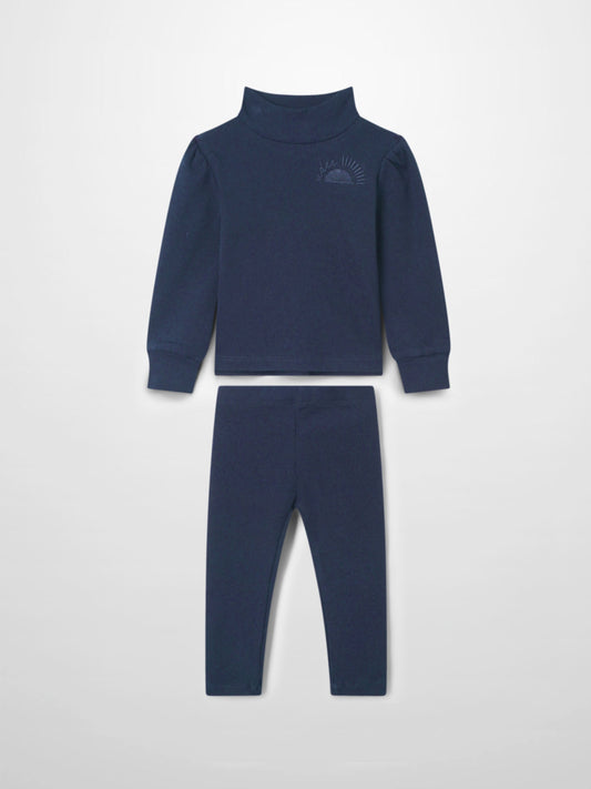 Ribbed Legging Set Puff Sleeves - Navy