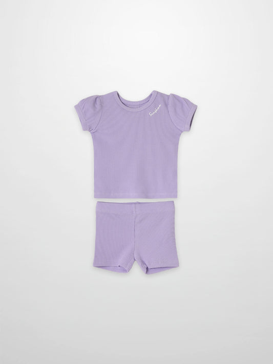 Ribbed Short Puff Sleeve T-shirt & Shorts Set - Lavender