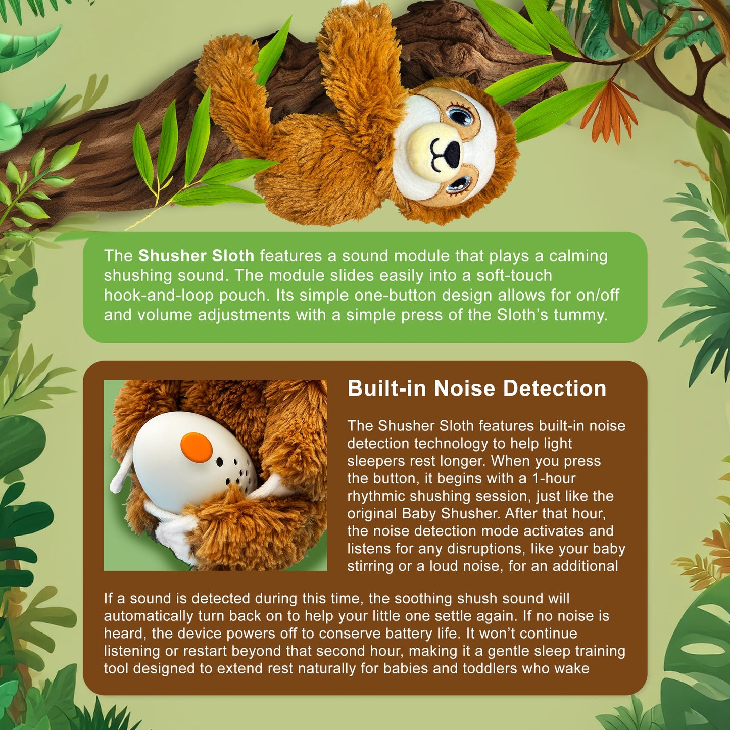 Shusher Sloth + 6-Pack Shushie™ Pacifiers – Soothing Bundle with Cuddly Cry Detection