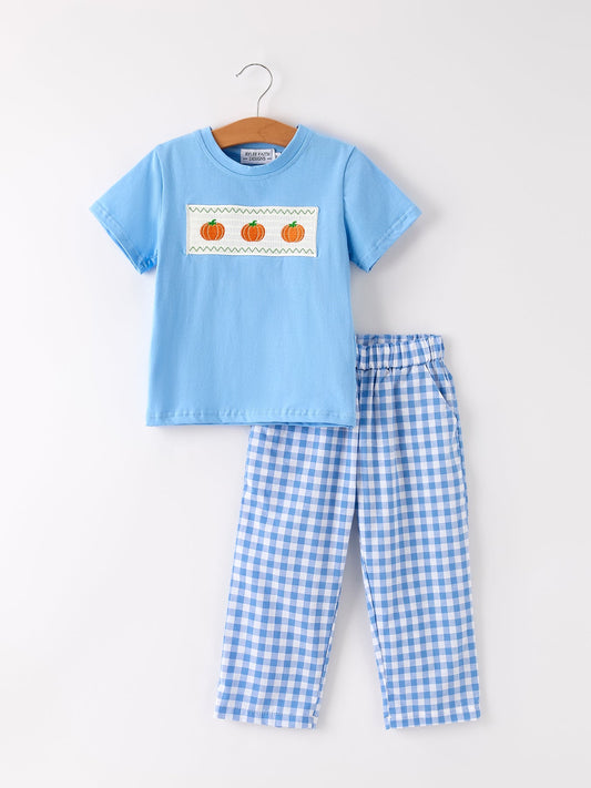 Fall Thanksgiving& Halloween Blue Pumpkin Smock Embroidery Baby Boy'Set
