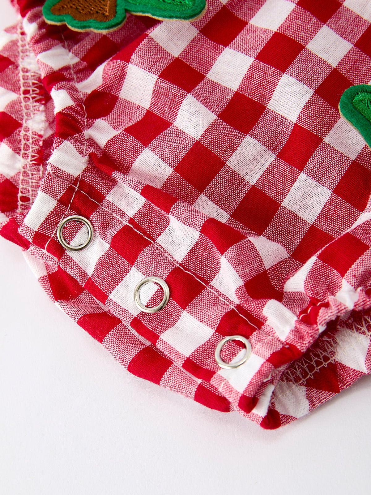 Baby Girls Christmas Outfit – Red Plaid Romper with Tree Bow Accents