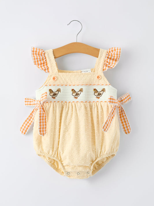 Farm Girl Chicken Smocked Bow Ruffle Romper