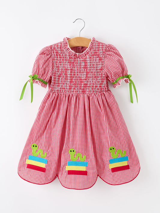 Girls Back To School Worm Plaid Twirl Dress Smocked