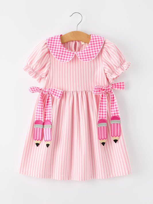 Girls Back To School Pink Plaid Petals Collar Pencil Applique Dress