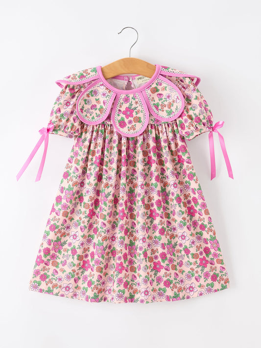 Pink Floral Bow Petals Collar Girls Dress