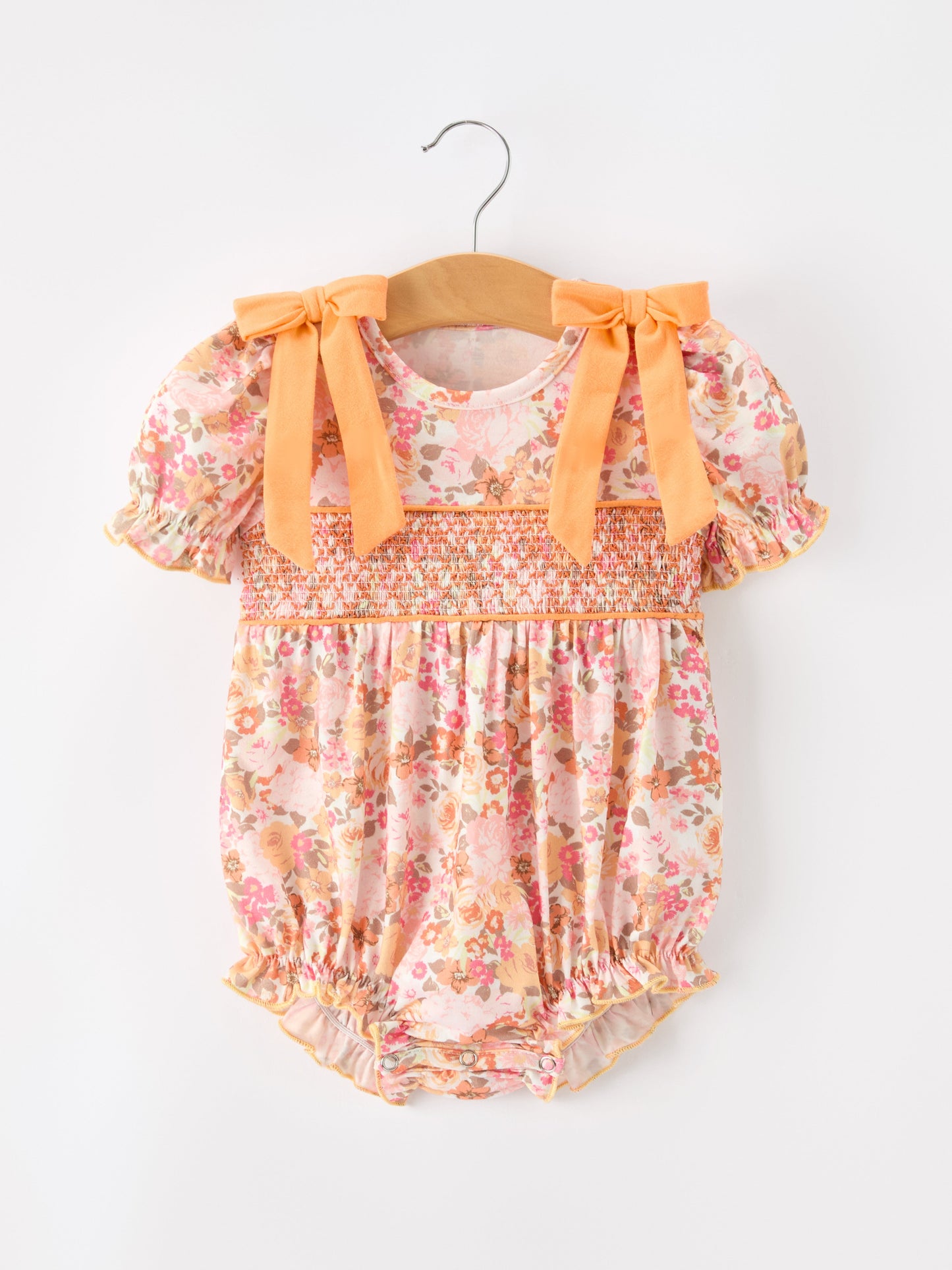 Peach Bow Smocked Floral Baby Bubble