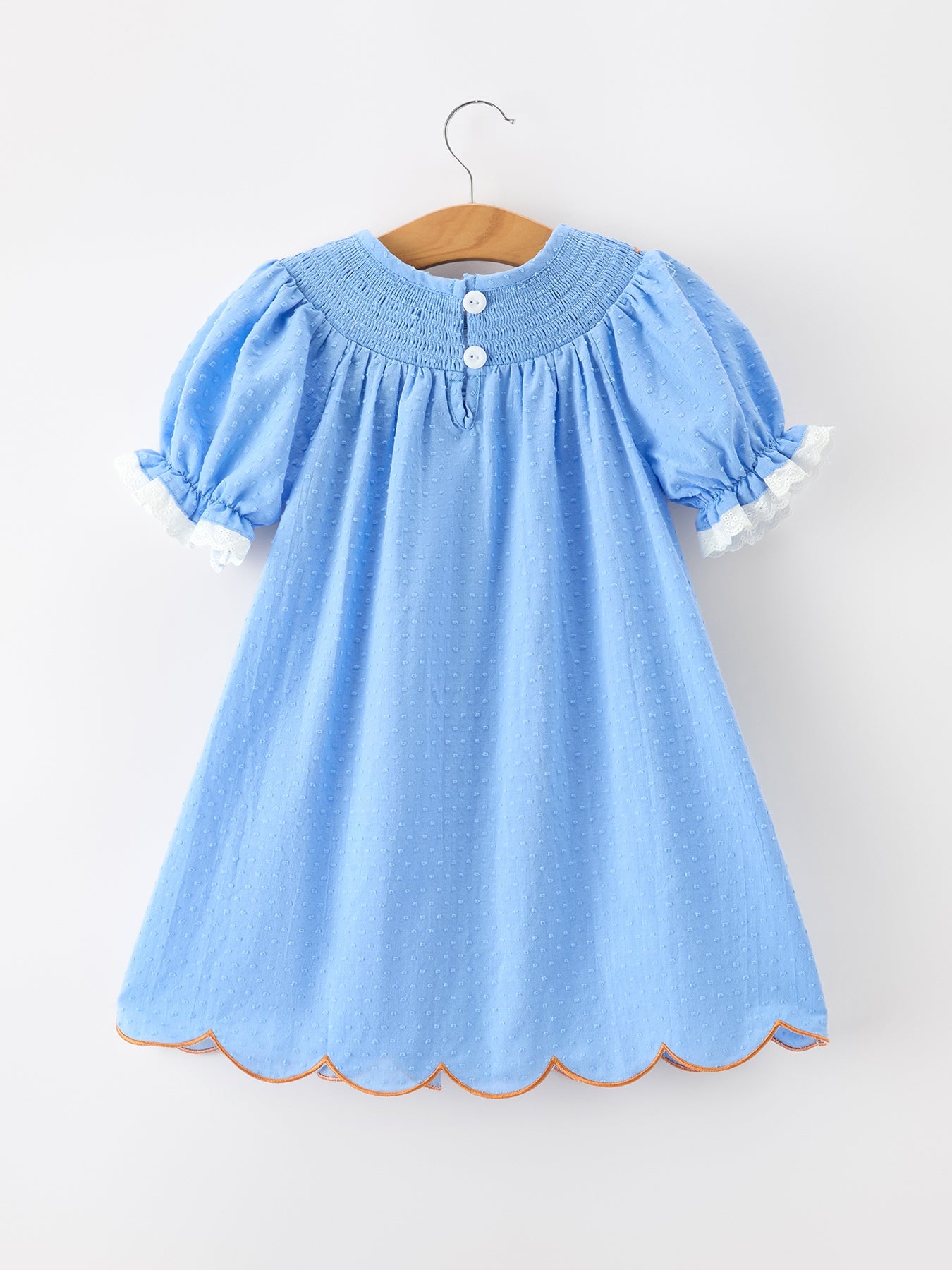 Blue Fall Thanksgiving&Halloween Pumpkin Smock Embroidery Lace Baby Girl Dress