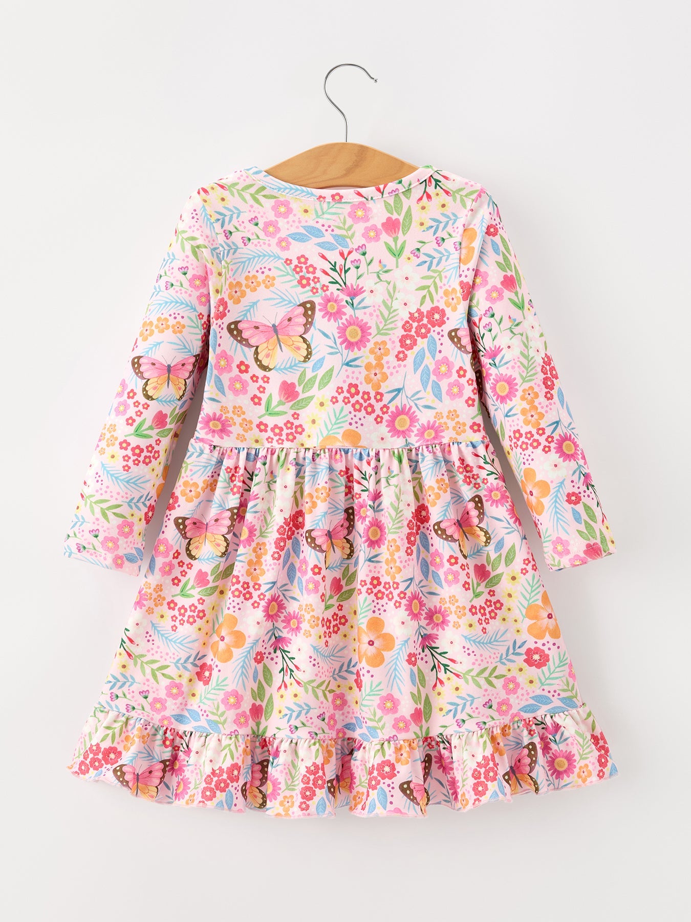 Fall Butterfly Floral Print Girls Ruffle Hem Twirl Dress