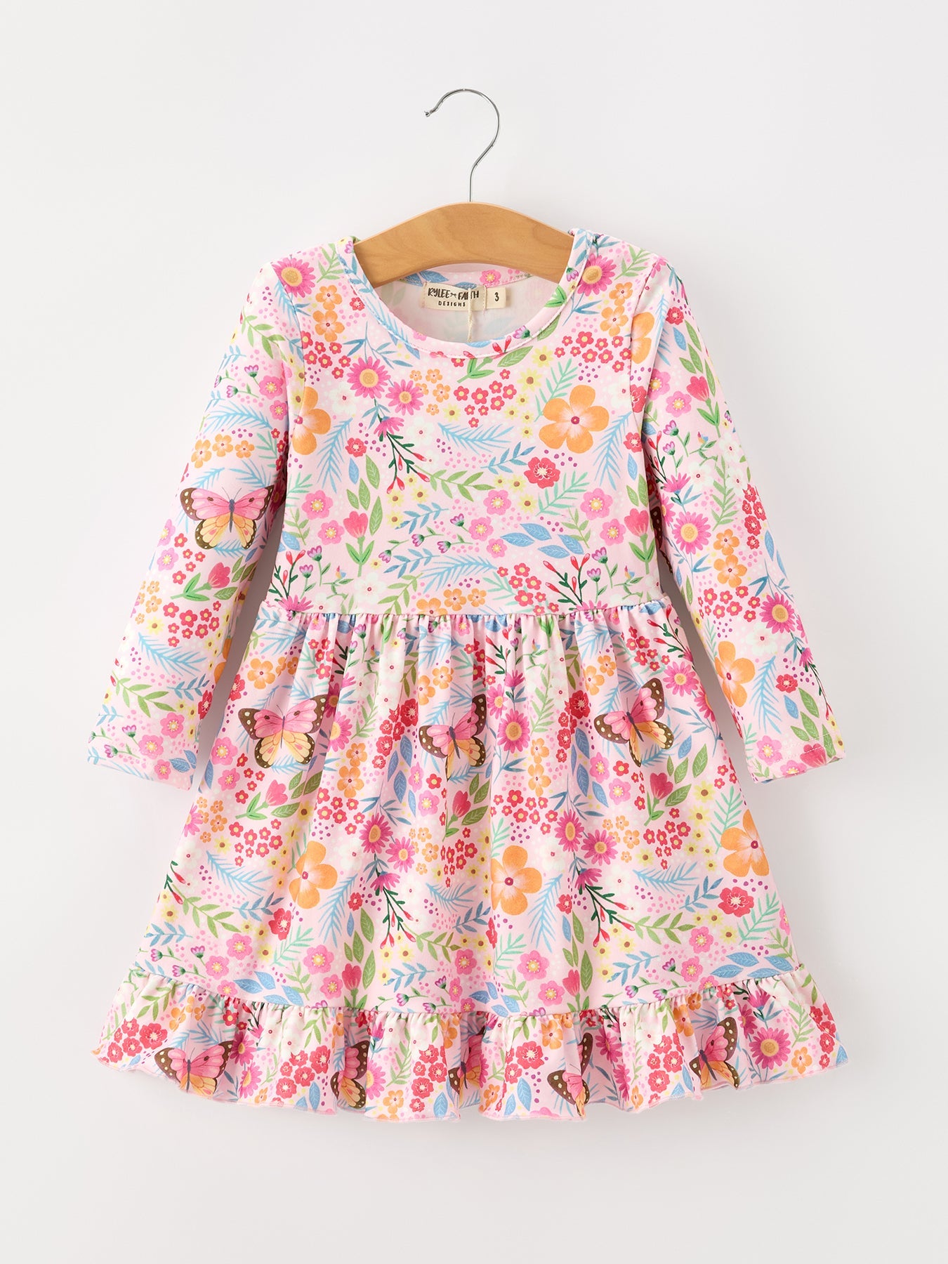 Fall Butterfly Floral Print Girls Ruffle Hem Twirl Dress