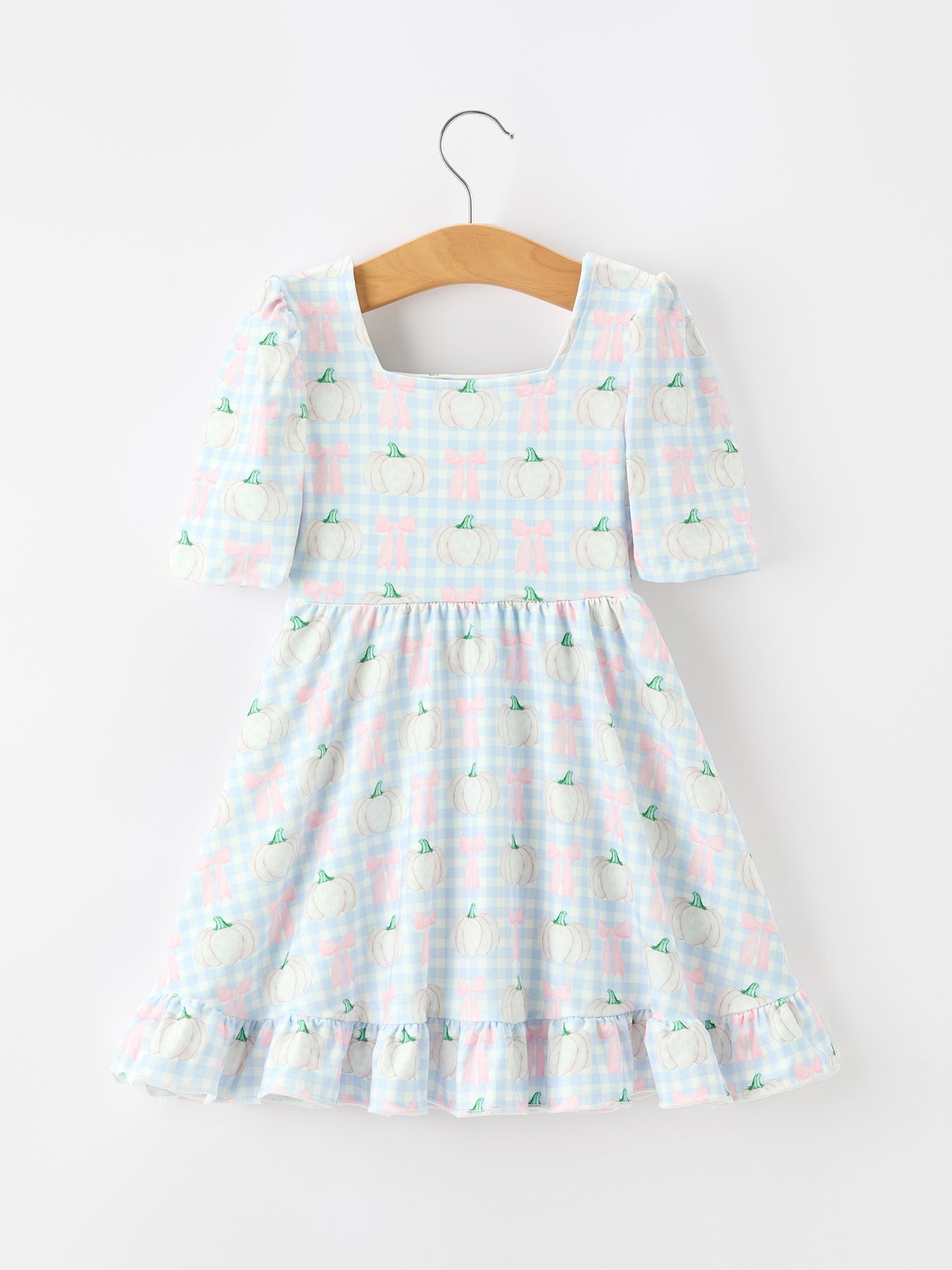 Fall Pastel Pumpkin Bow Plaid Girls Ruffle Hem Dress