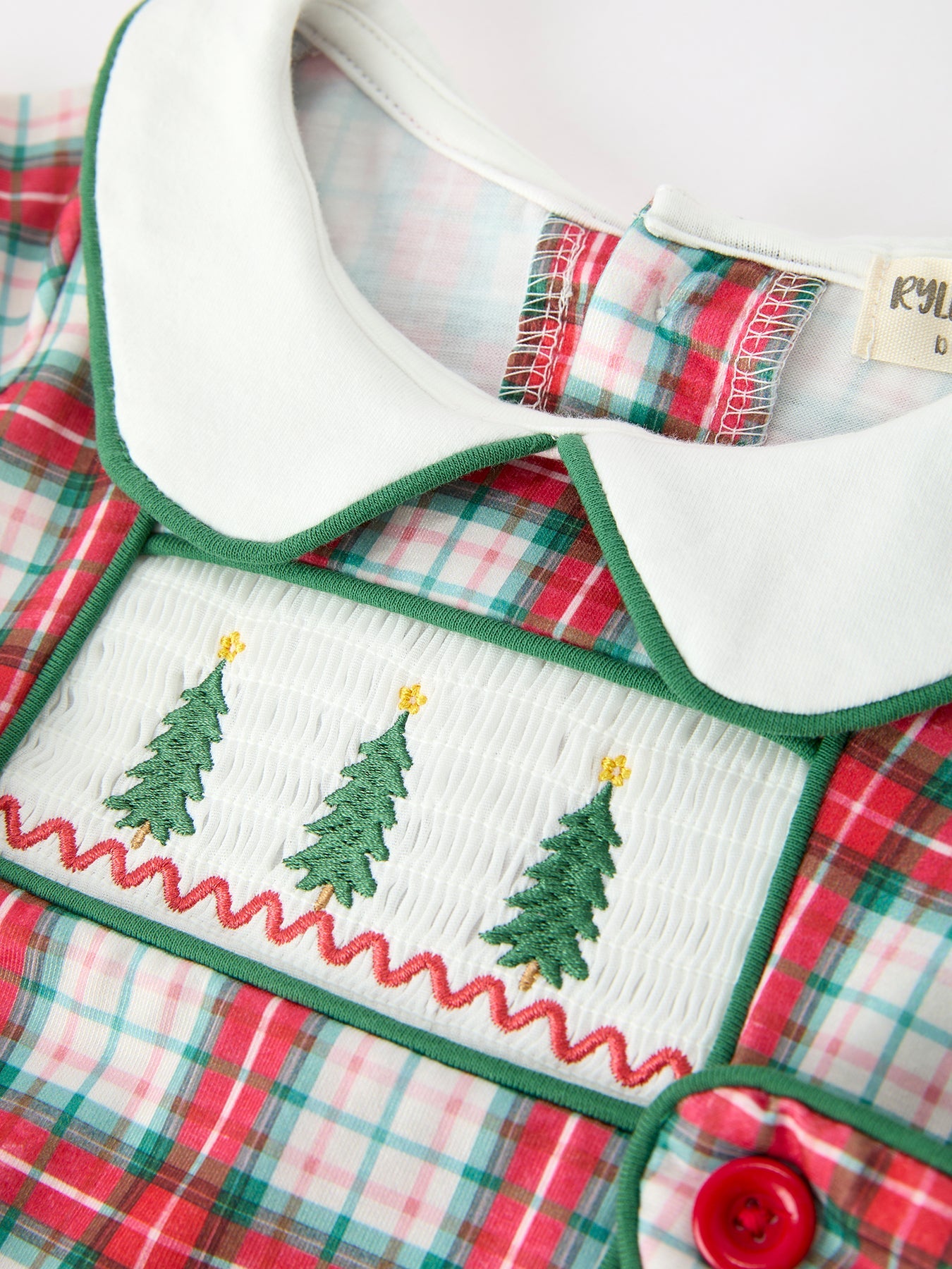Christmas Tree Plaid Boys Romper Peter Pan Collar Smocked