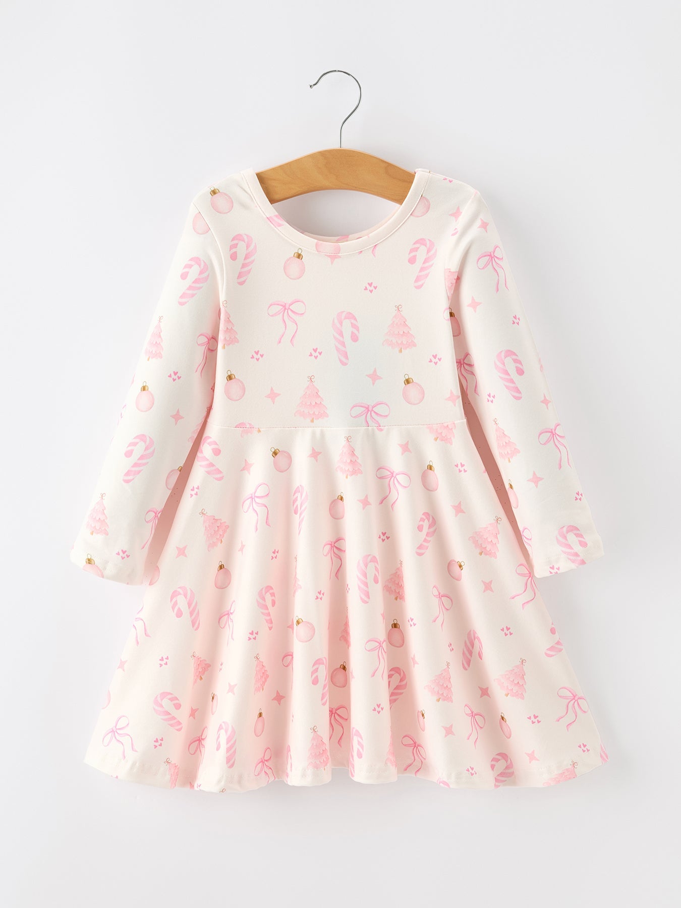 Girls Pink Christmas Ornament Print Flare Dress