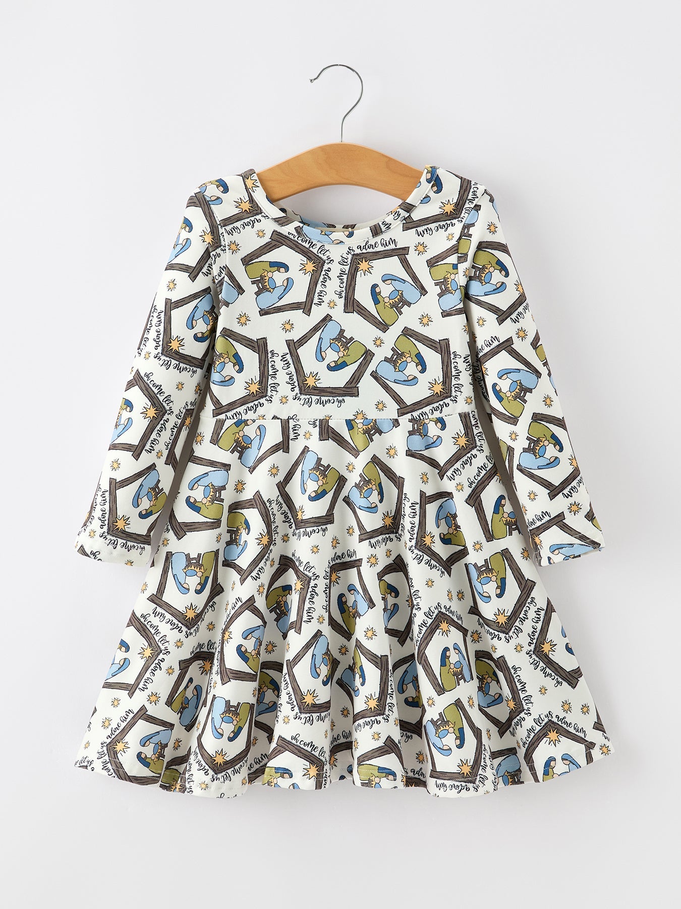 Christmas Girls Nativity Scene Print Twirl Dress