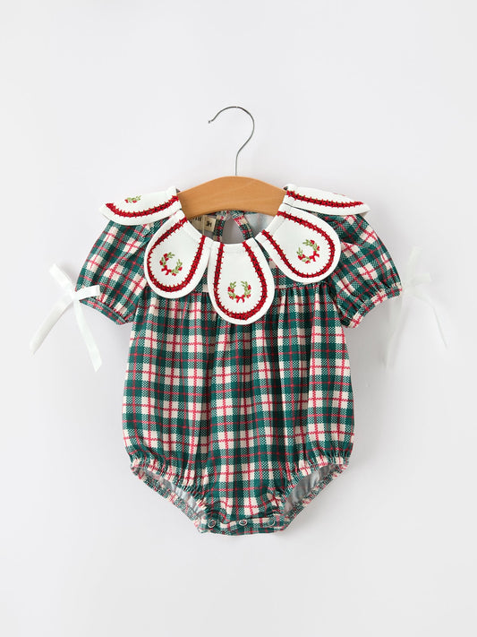 Baby Girl Christmas Plaid Wreath Embroidery Bubble Romper