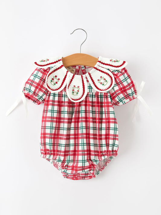 Red Christmas Plaid Wreath Baby Girl Bubble Romper