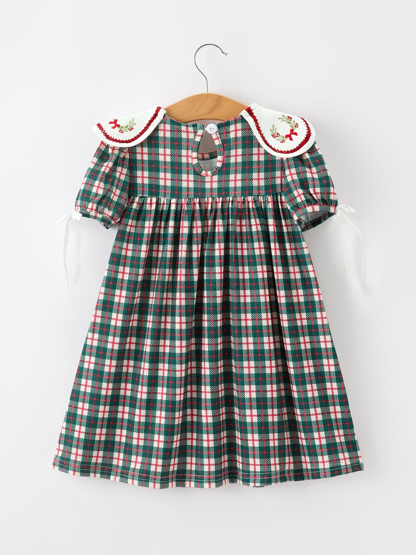 Baby Girl Christmas Plaid Embroidered Dress Wreath Collar