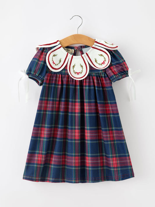 Navy Red Christmas Plaid Wreath Embroidered Girl Dress
