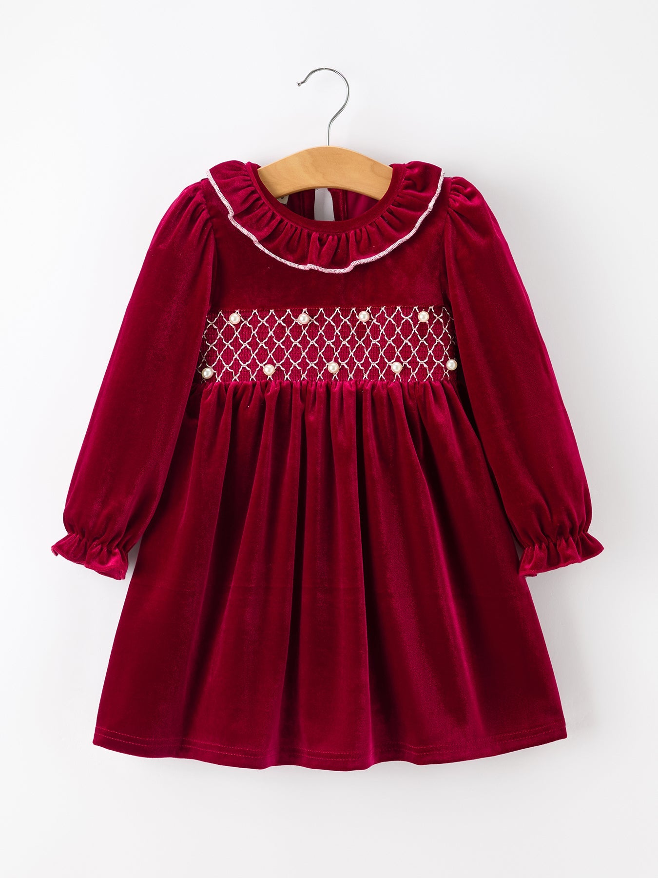 Christmas Velvet Smocked Girls Dress with Pearl Detail