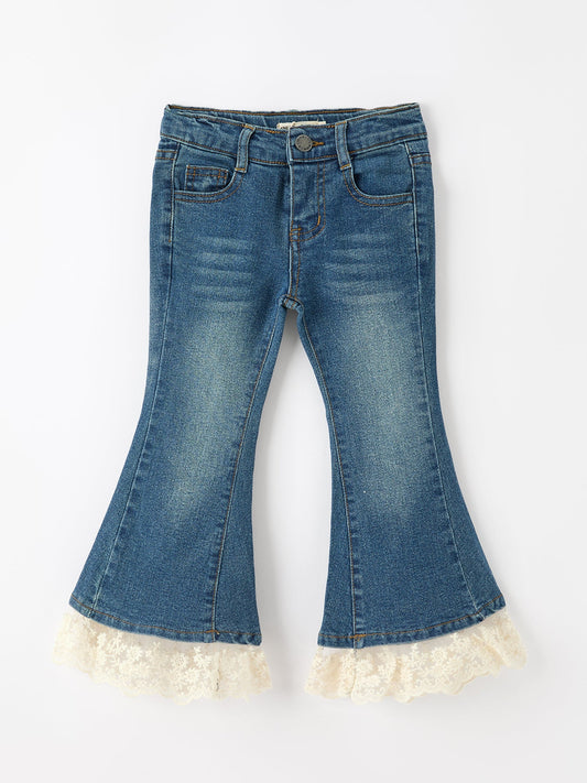 Girls Denim Lace Trim Bell Bottom Jeans