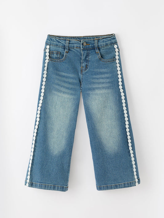 Girls Denim Daisy Lace Trim Wide Leg Jeans