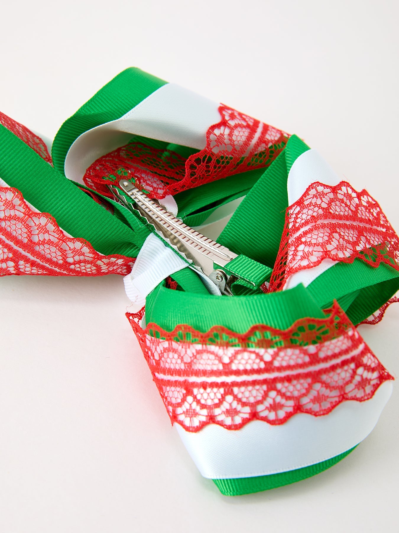 Christmas Red Lace Green Layered Bow Hair Clip 6.3 Inches