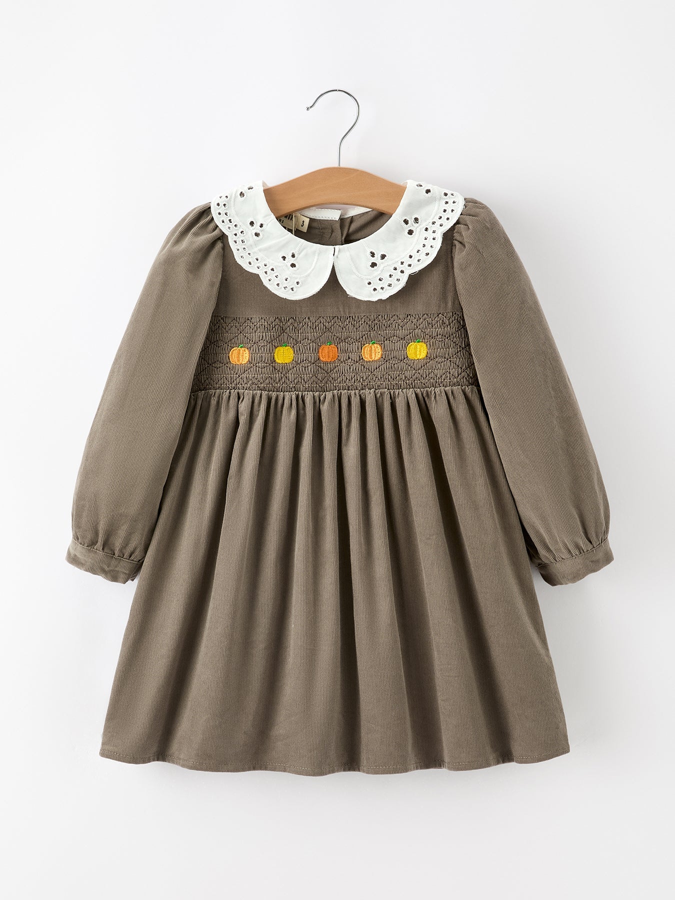 Fall Girls Pumpkin Smocked Eyelet Collar Corduroy Dress