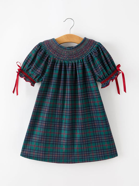 Christmas Girls Plaid Smocked Dres Puff Sleeves