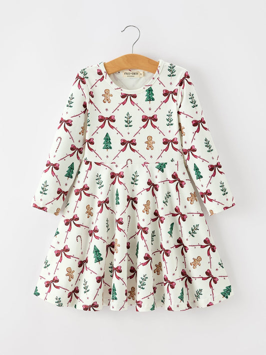 Christmas Bow and Gingerbread Print Girls Twirl Dress