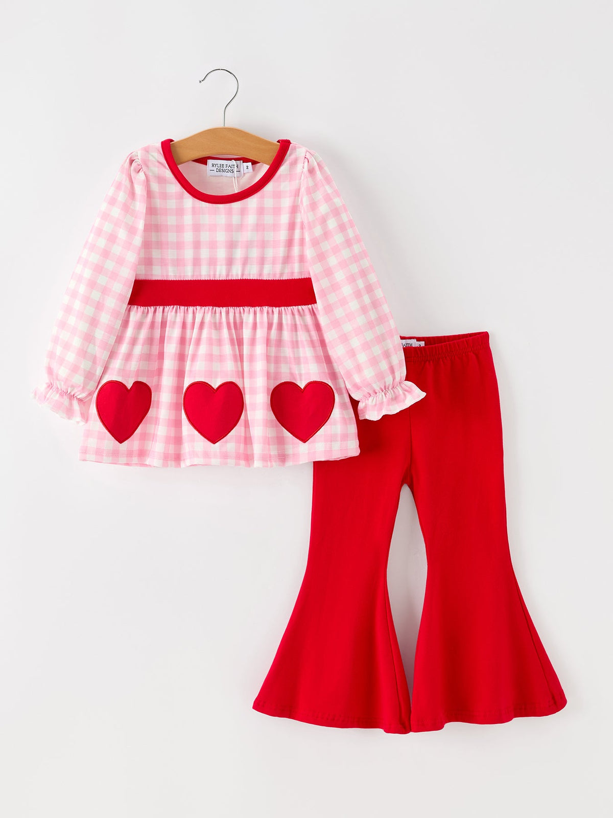Girls Valentine's Day Heart Applique Plaid Outfits Set