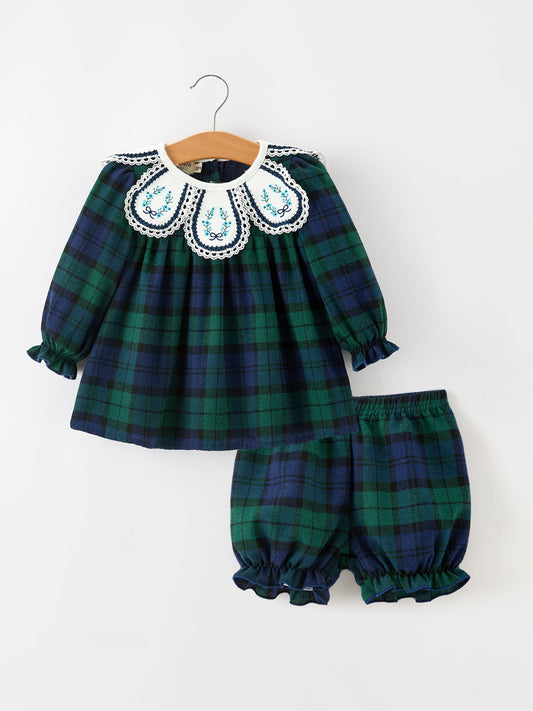 Christmas Girls Green & Navy Plaid Embroidered Bloomer Set