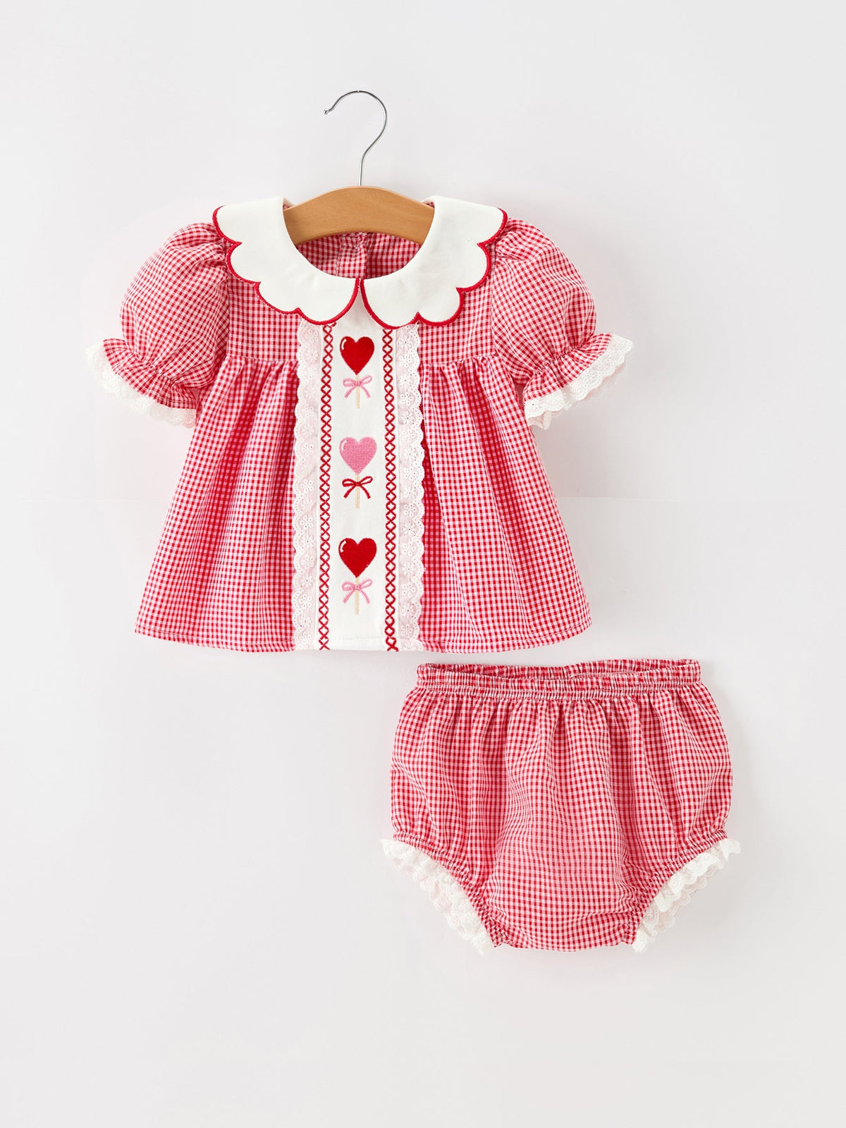 Valentine Baby Girls Red Plaid Heart Embroidered Top & Bloomer Set