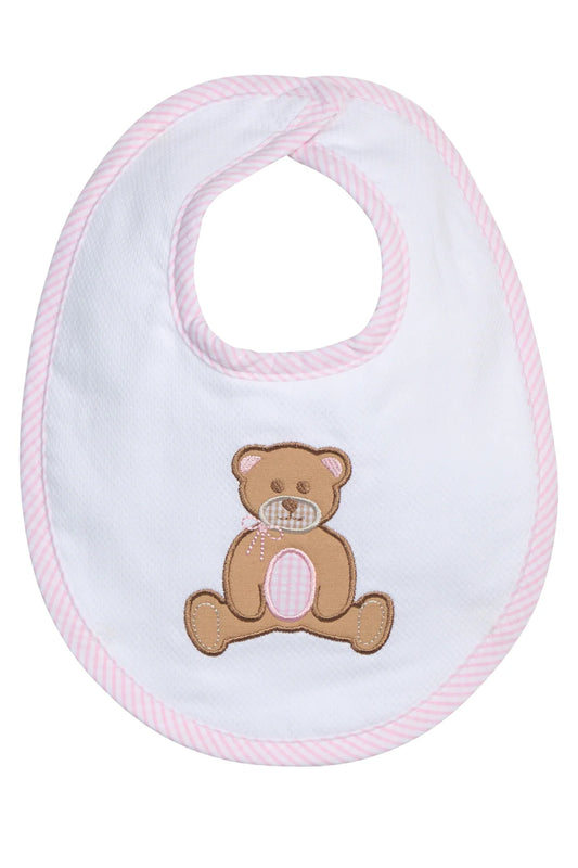 Baby Girls Pink Teddy Bear Bib – Cotton Applique Feeding Bib | The Prissy Pelican Boutique Bossier City LA