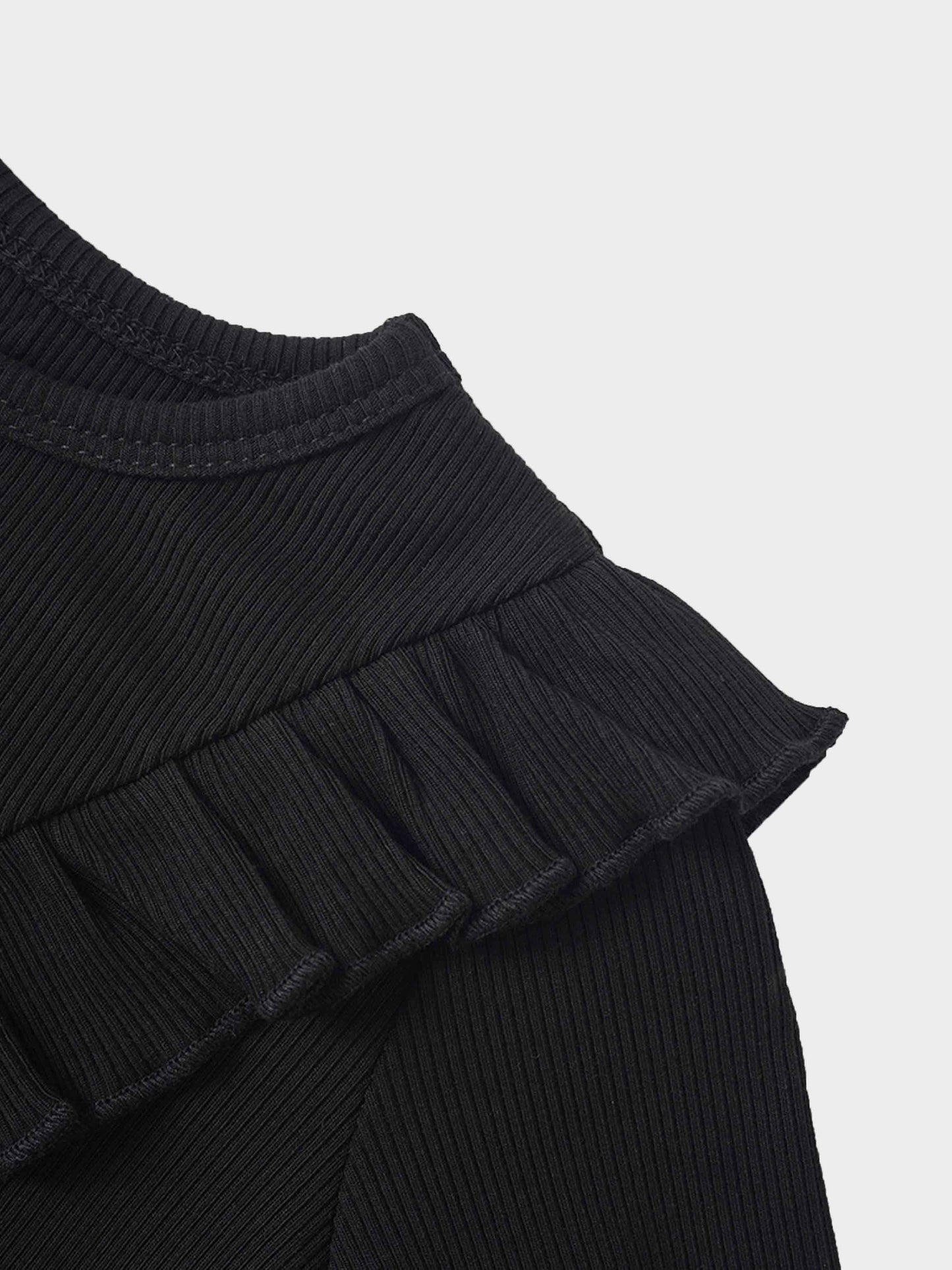 Ruffle Thin Ribbed Pajama - Black